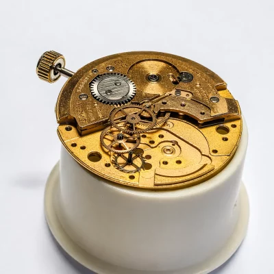 Zbliżenie mechanizmu zegarka kieszonkowego z widocznymi złotymi kołami zębatymi na jasnym tle
